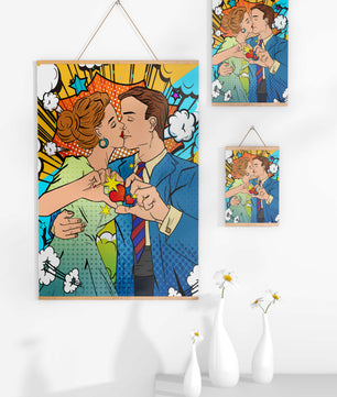 Ilustración de estilo pop art romántico de una pareja besándose con elementos cómicos