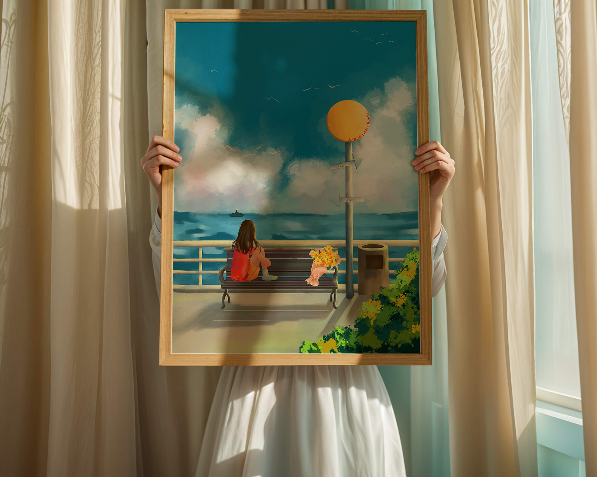 Serene waterfront scene with woman on bench facing the sea