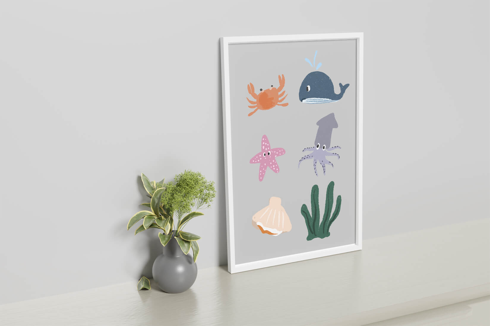 Illustration of whimsical sea creatures and marine elements on a grey background