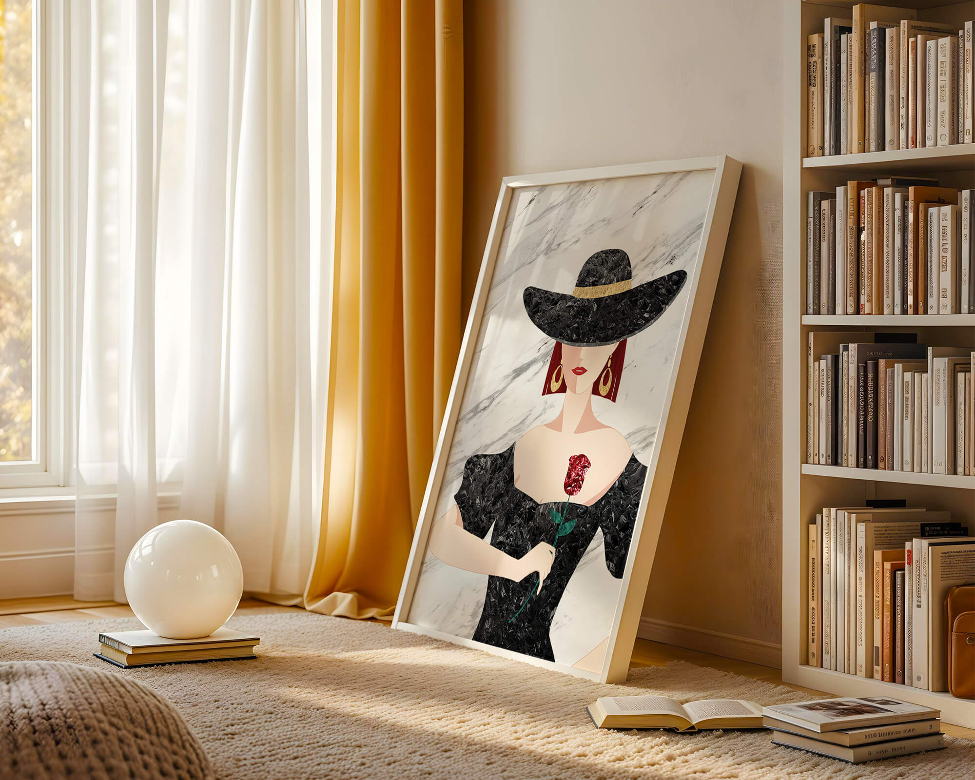 Elegant woman in wide-brimmed hat holding a rose on marble background