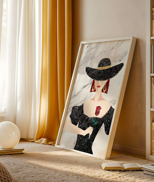 Elegant woman in wide-brimmed hat holding a rose on marble background