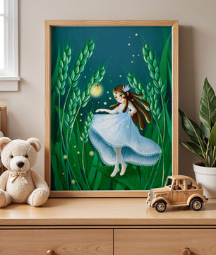 Enchanting fairy in magical wheat field at night