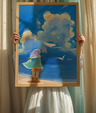 Young person gazing at a vibrant seaside sky with birds flying