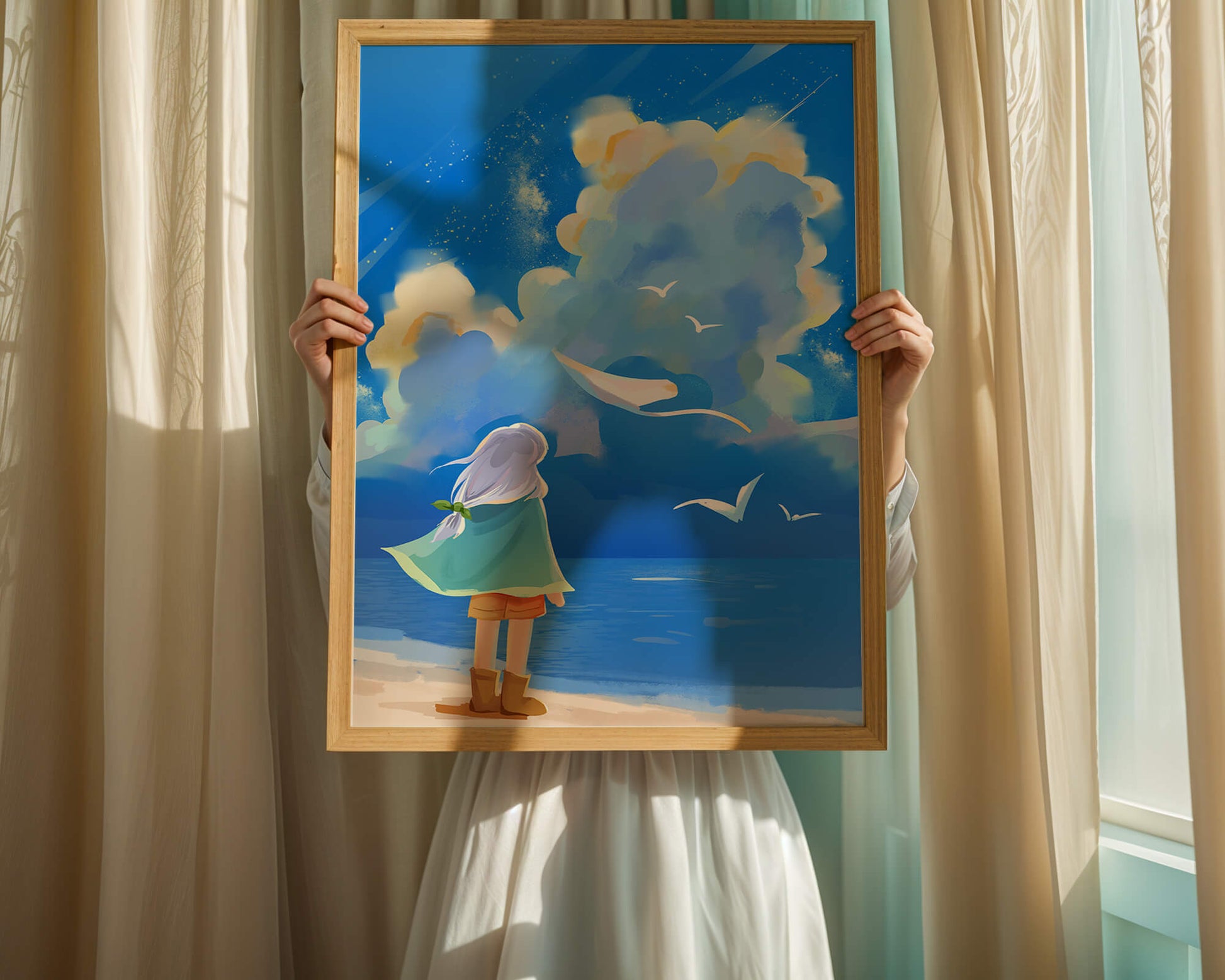 Young person gazing at a vibrant seaside sky with birds flying