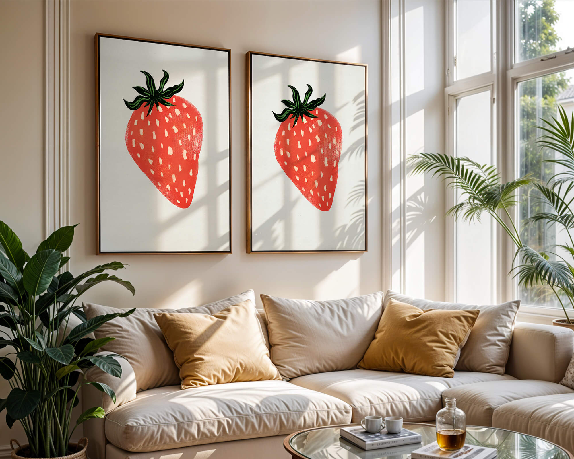 Illustrative design of a vibrant red strawberry with green leaves