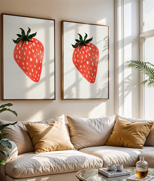 Illustrative design of a vibrant red strawberry with green leaves