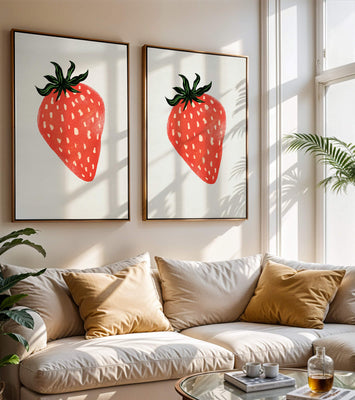 Illustrative design of a vibrant red strawberry with green leaves