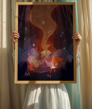 Magical forest scene with lantern and glowing hair