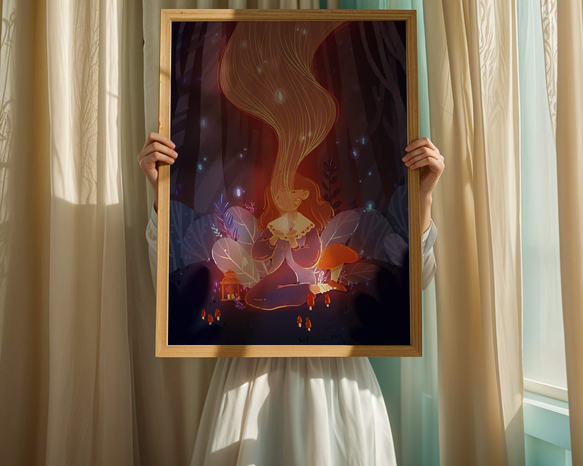 Magical forest scene with lantern and glowing hair
