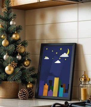 Night cityscape with colorful buildings and starry sky