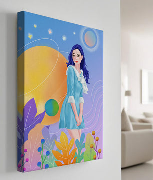 Ilustración de fantasía de una mujer en un jardín cósmico con colores vibrantes