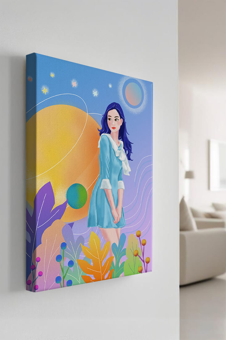 Ilustración de fantasía de una mujer en un jardín cósmico con colores vibrantes