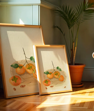 Still Life with Persimmons and Branch on a Neutral Background