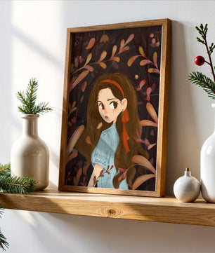 Ilustración elegante de una chica rodeada de follaje abstracto