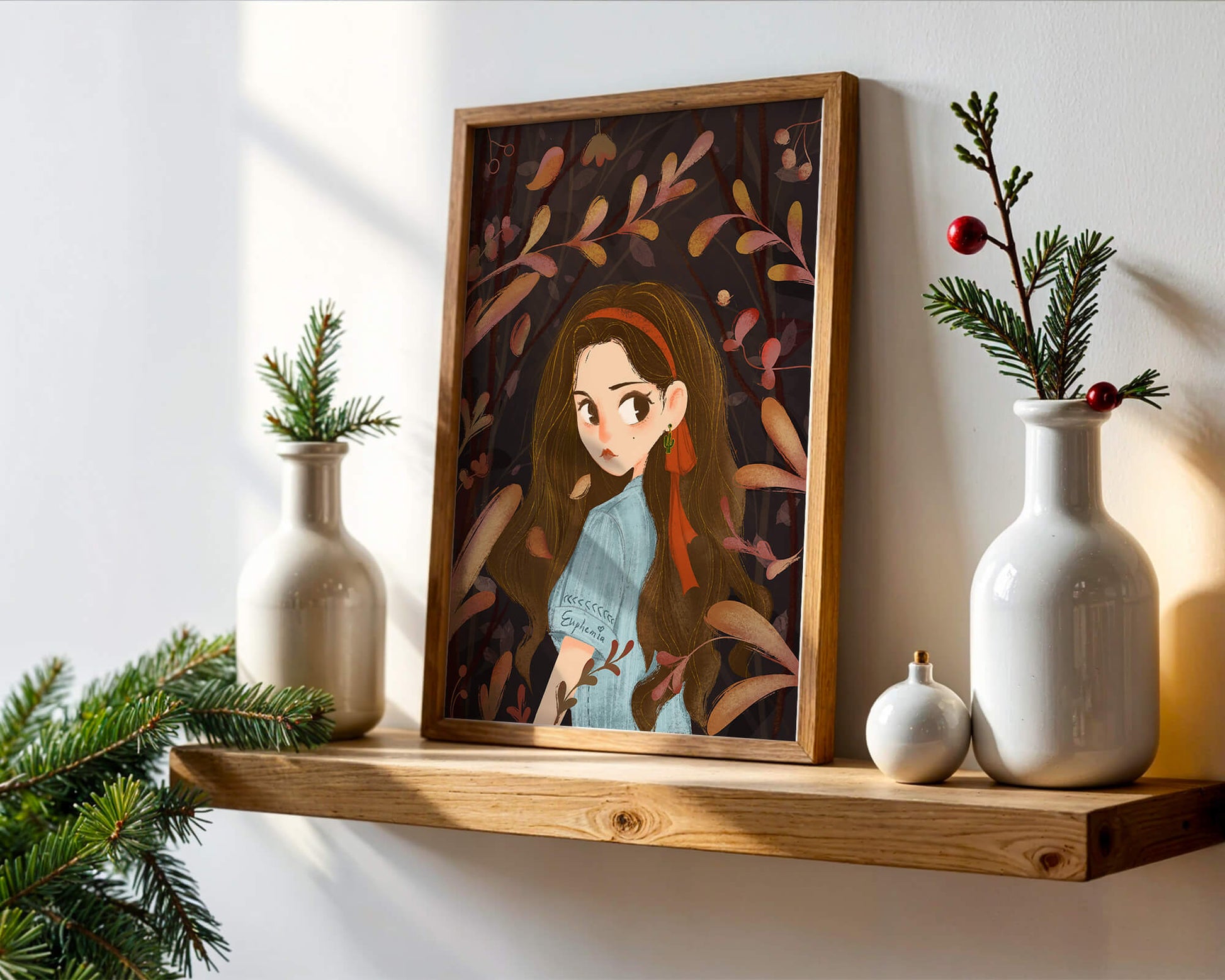 Elegante ilustración de una niña rodeada de follaje abstracto.
