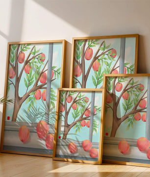 Peach tree outside a window with ripe peaches and sunny sky