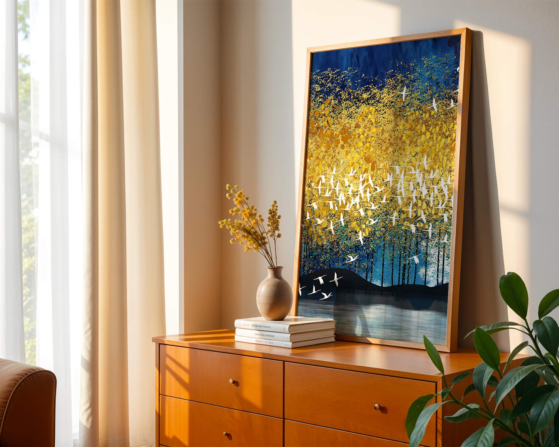 Vibrant Forest Landscape with Birds and Golden Leaves