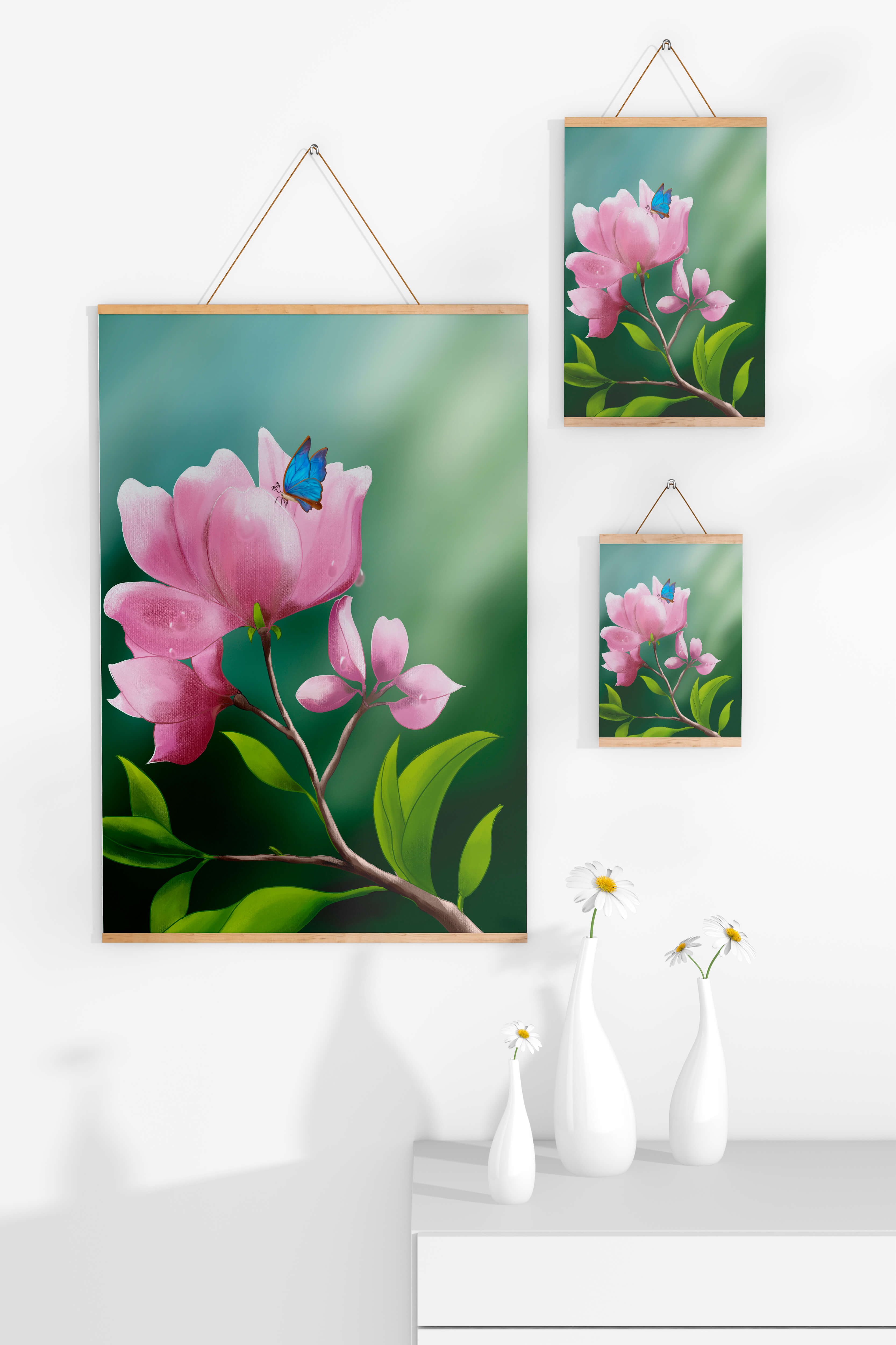 Delicate pink flower with a vibrant blue butterfly in a serene garden setting