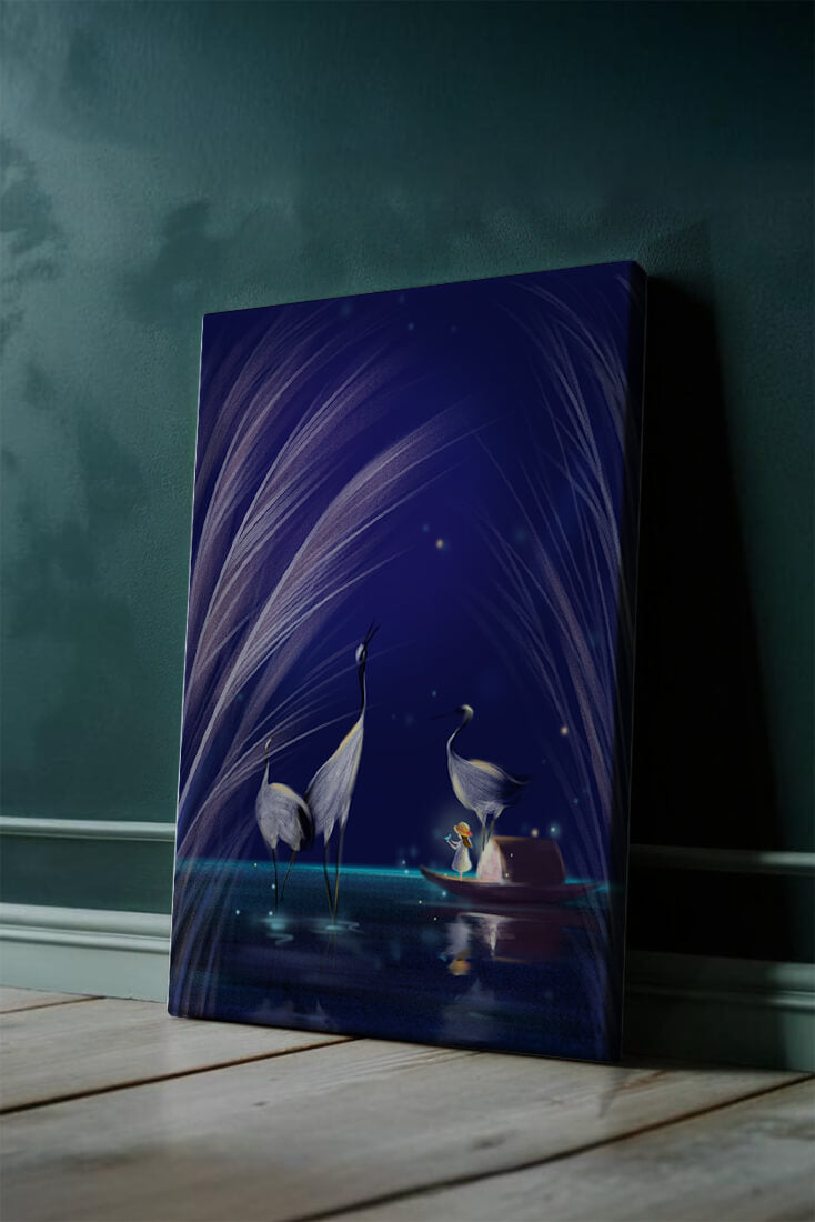 Serene night scene with graceful cranes and a magical boat ride