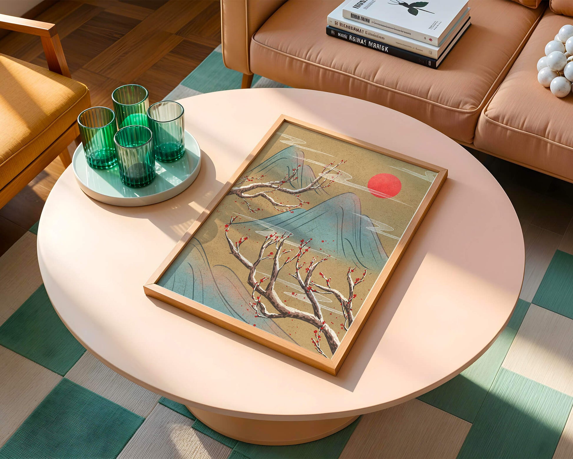 Tranquil landscape with cherry blossom and red sun