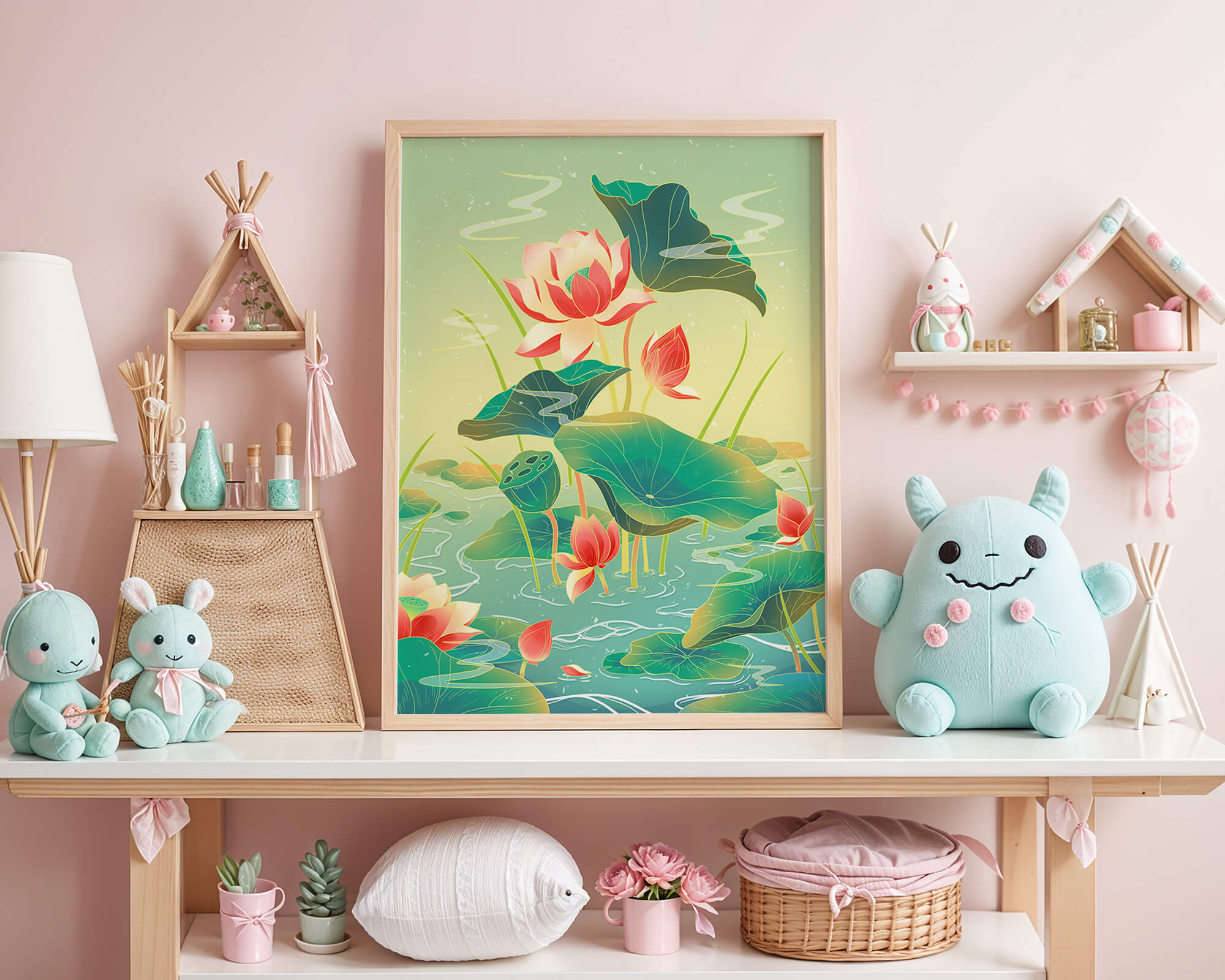 Serene lotus pond with vibrant lilies and lush green leaves