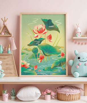 Serene lotus pond with vibrant lilies and lush green leaves