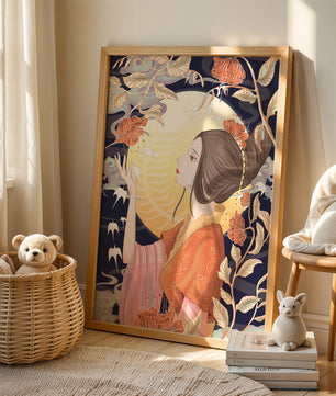 Illustration élégante d'une femme avec des éléments floraux sous la lumière de la lune