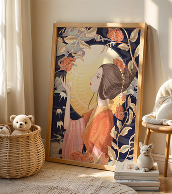 Elegant illustration of a woman with floral elements under the moonlight