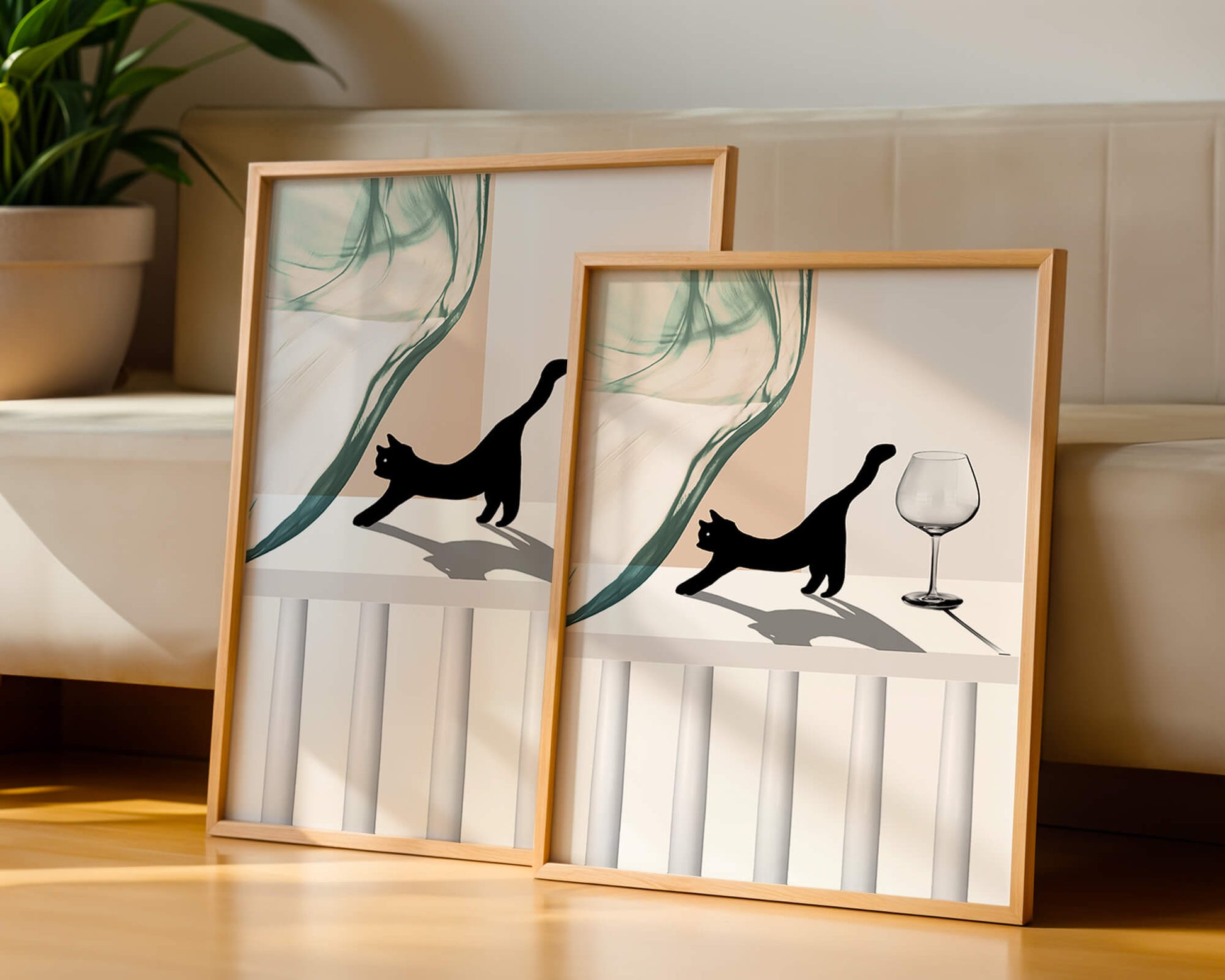 Abstract Composition with Black Cat and Wine Glass on Geometric Background