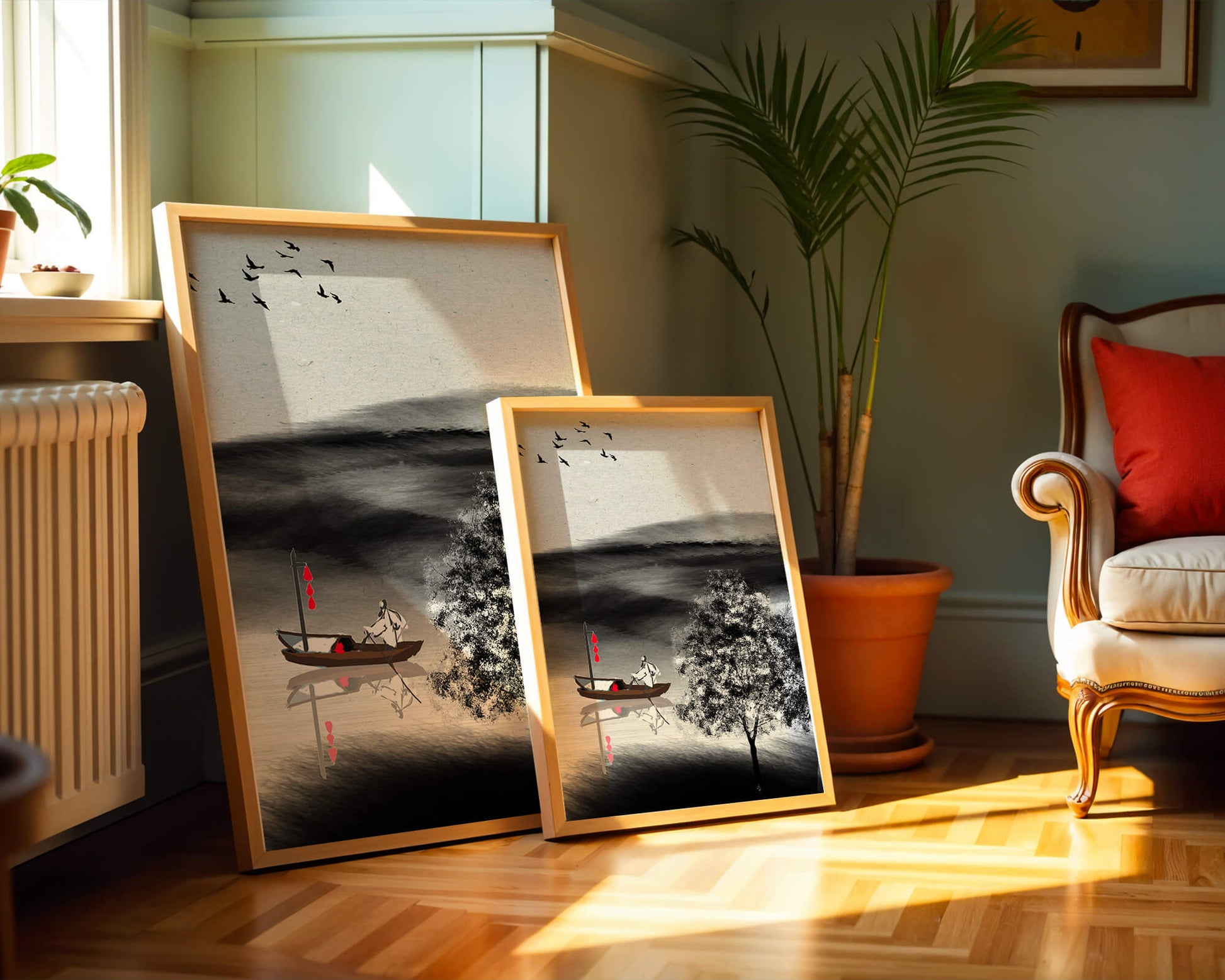 Tranquilo viaje en barco en un paisaje sereno con pájaros y árbol