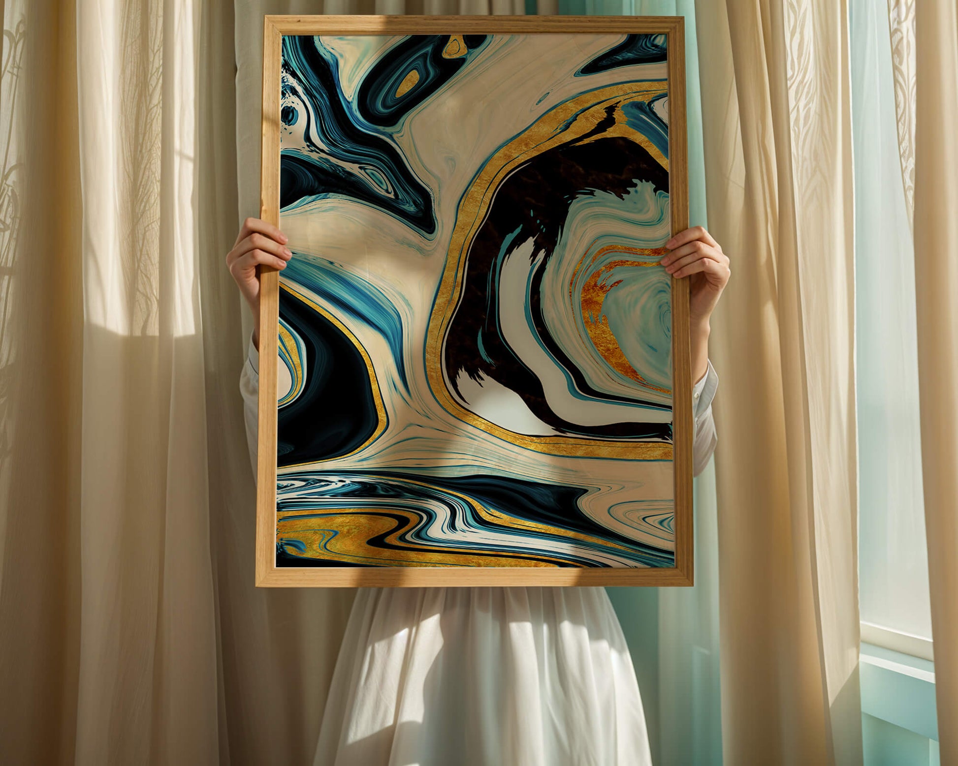 Abstract Marble Art with Gold Accents in Blue and Black Swirls