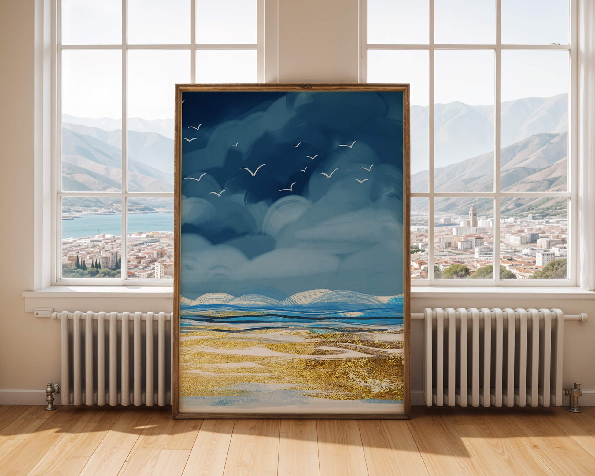 Seascape with Birds in a Vibrant Blue and Gold Palette