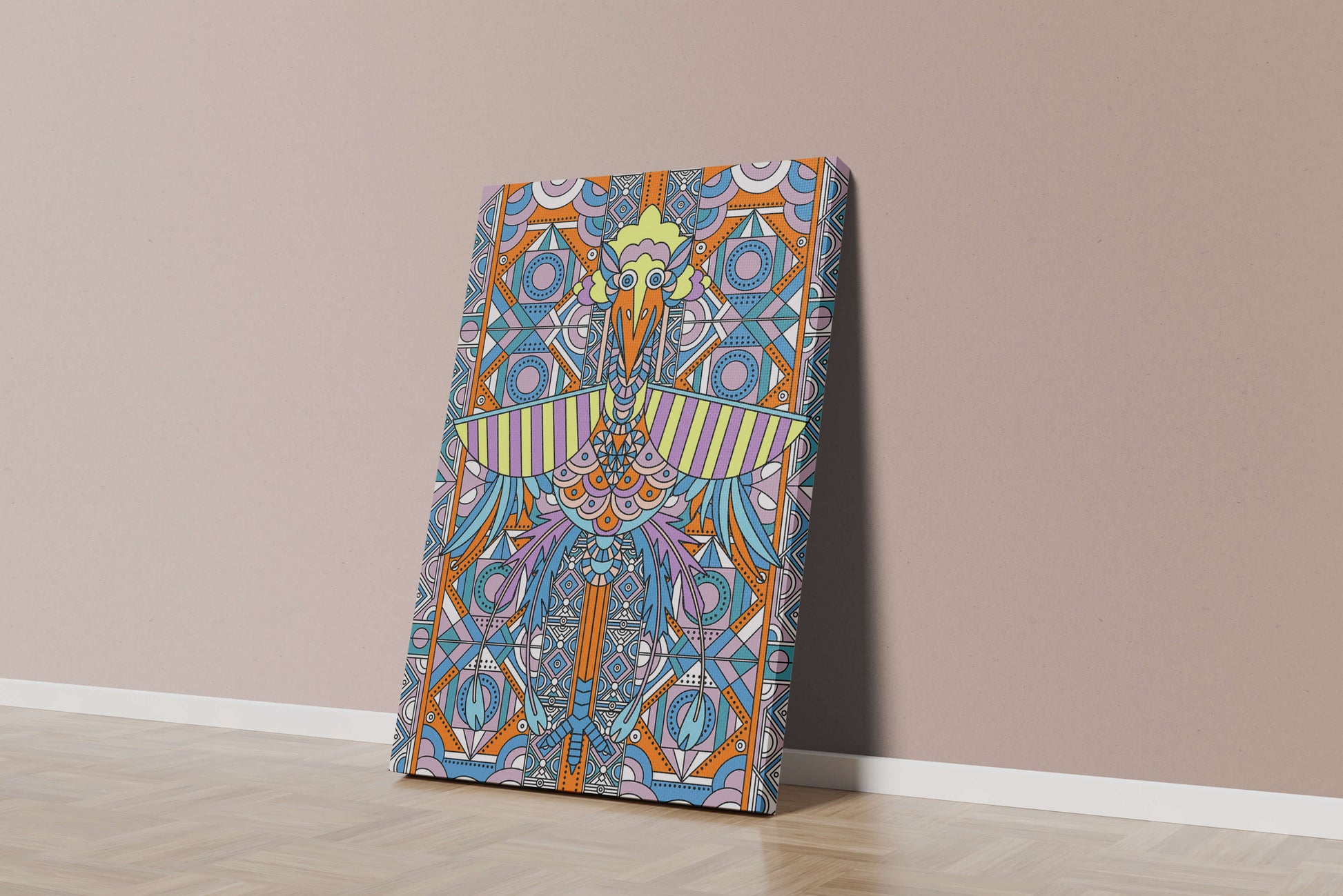 Arte geométrico de aves con patrones coloridos y detalles intrincados