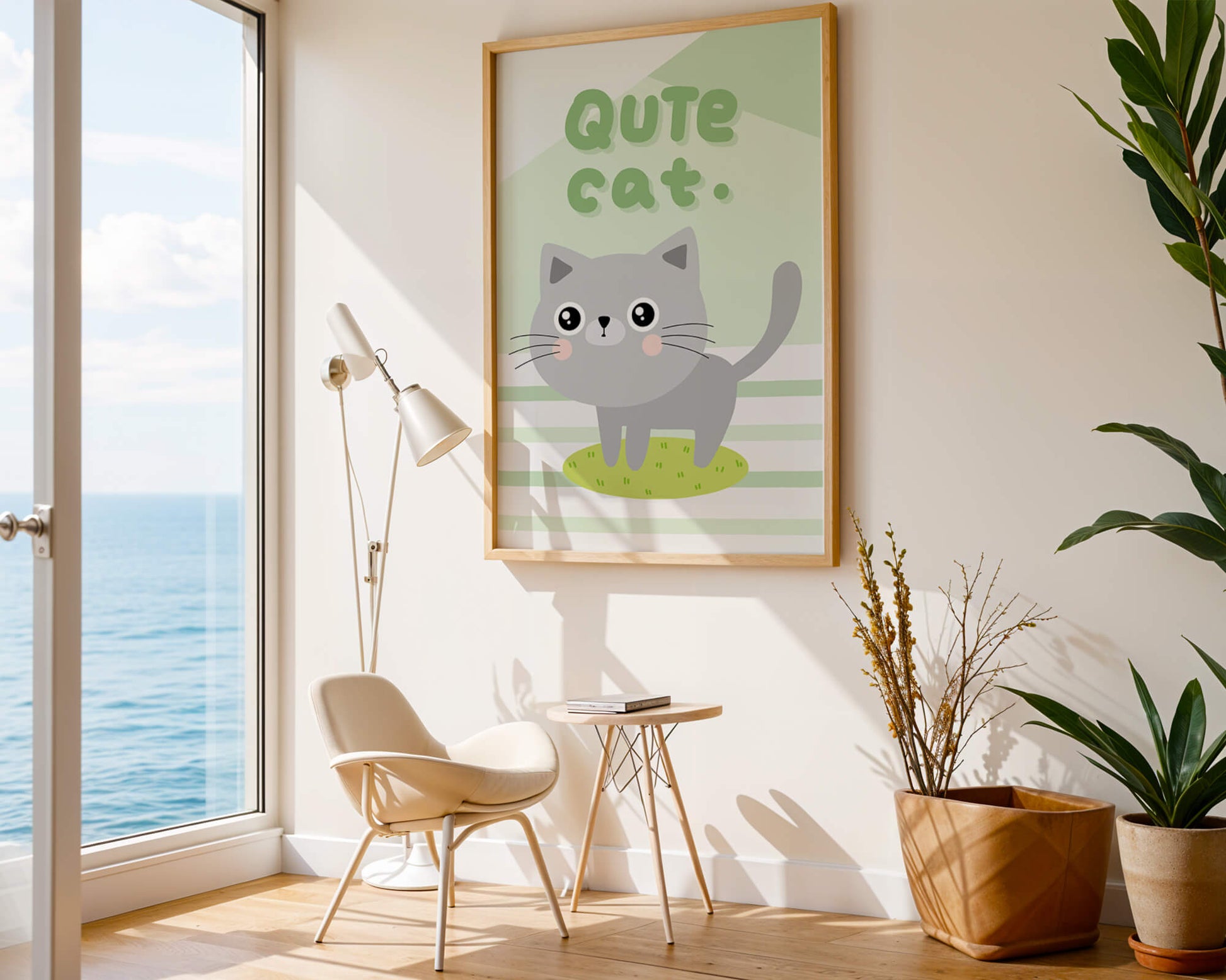 Adorable cartoon cat illustration on pastel background