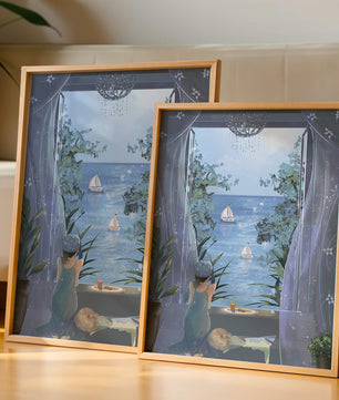 Serene seaside view from an open window with a sailboat and relaxing atmosphere