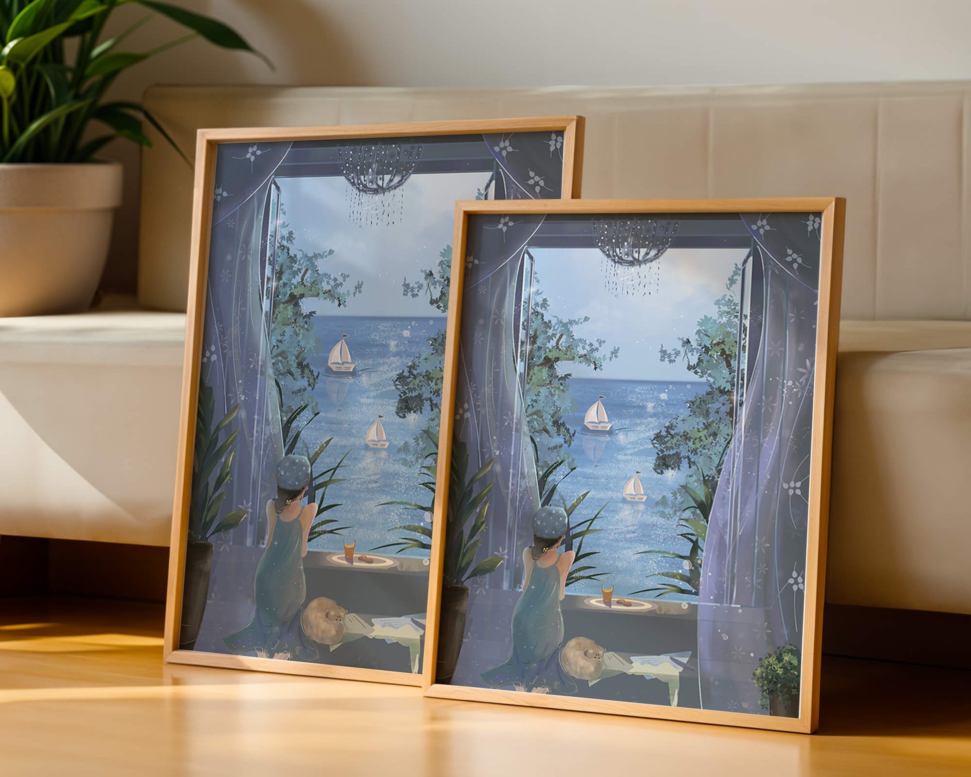 Serene seaside view from an open window with a sailboat and relaxing atmosphere