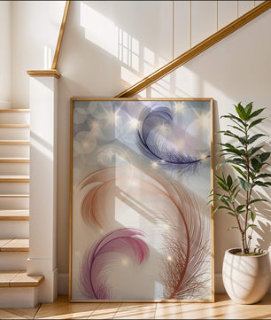 Elegant abstract feather design with sparkles and soft colors