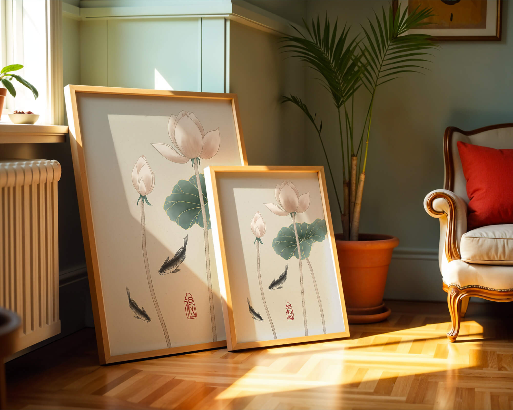 Lotus flowers and koi fish in minimalist Asian art illustration