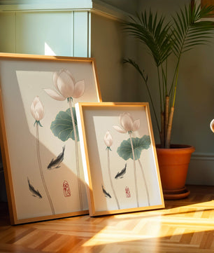 Fleurs de lotus et carpes koï dans une illustration d’art asiatique minimaliste