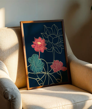 Vibrant Lotus Flowers on Dark Background with Gold Outline