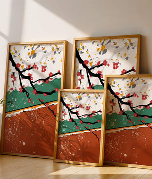 Artistic depiction of blossom branches with gold elements and abstract background