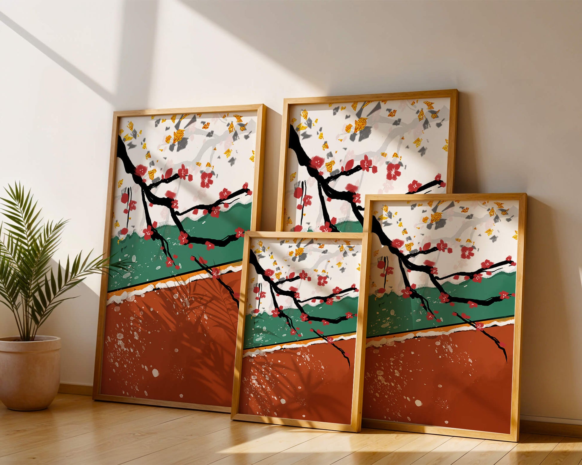Artistic depiction of blossom branches with gold elements and abstract background
