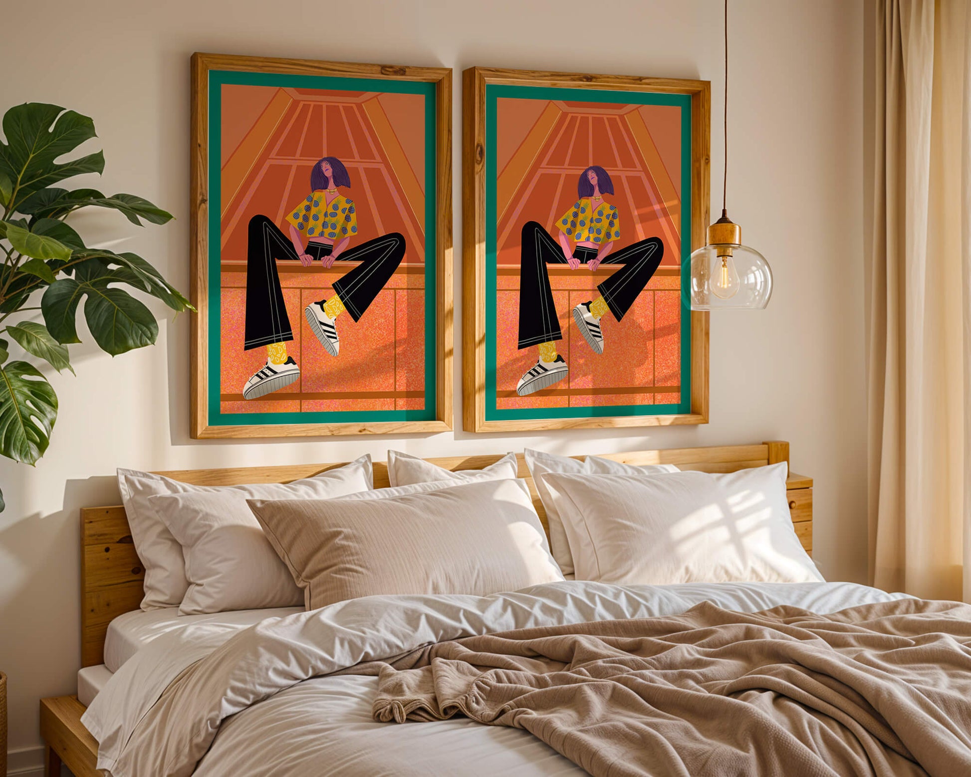 Stylish woman sitting in a vibrant geometric setting