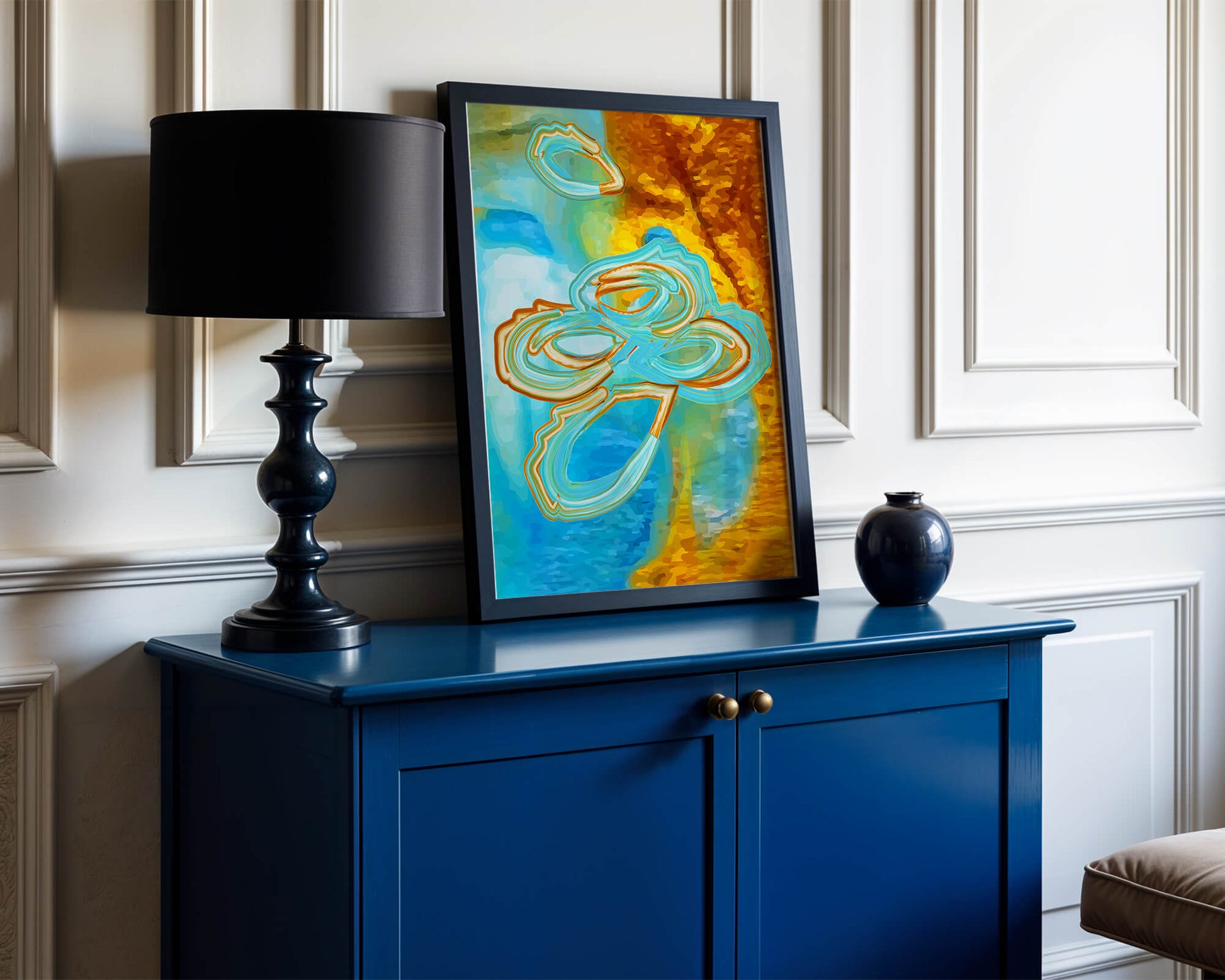 Abstract vibrant swirls in blue and orange colors
