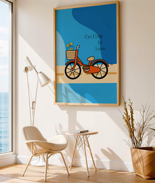 Bicicleta colorida con un regalo en la cesta sobre fondo azul