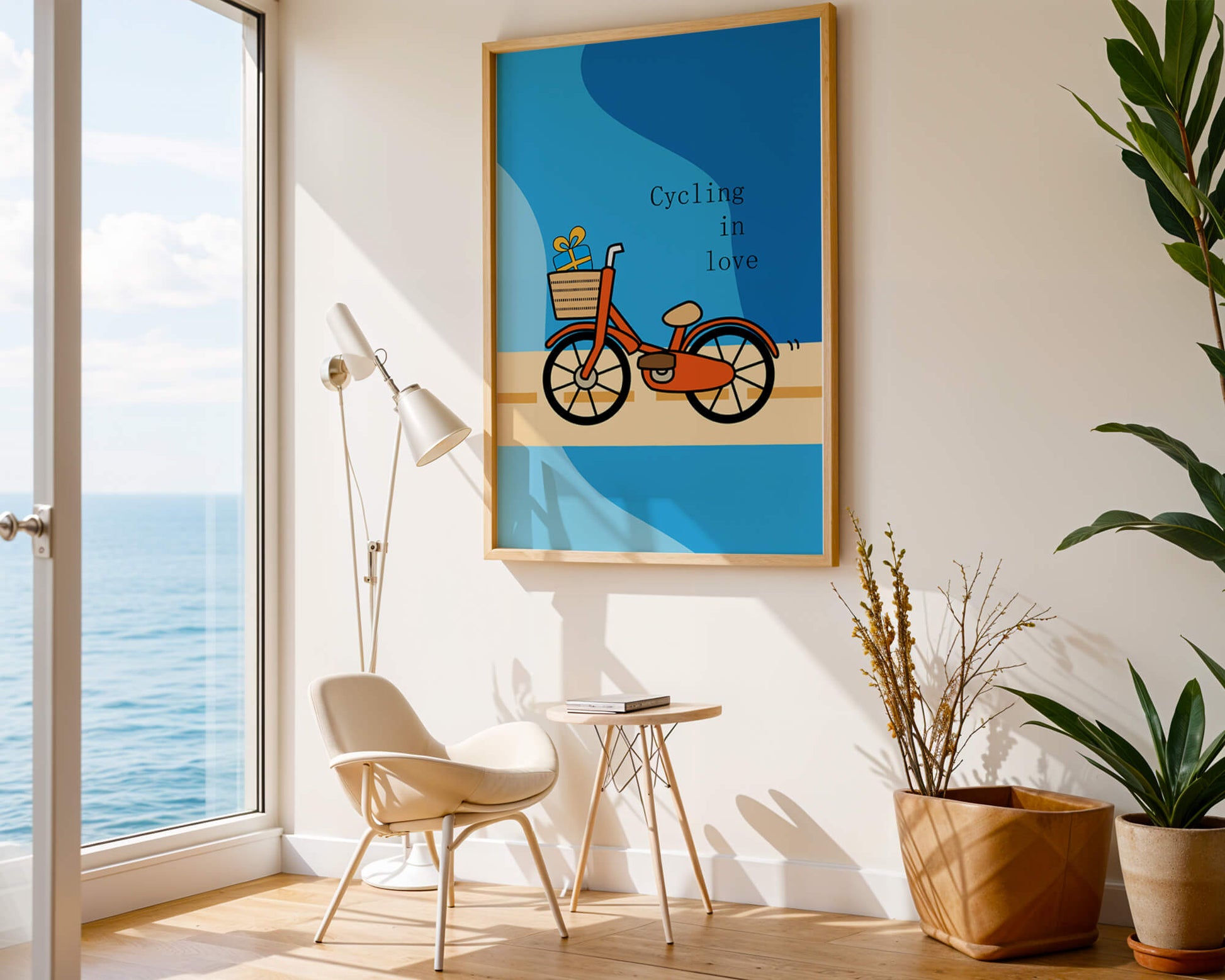 Colorful bicycle with a gift in basket against blue background