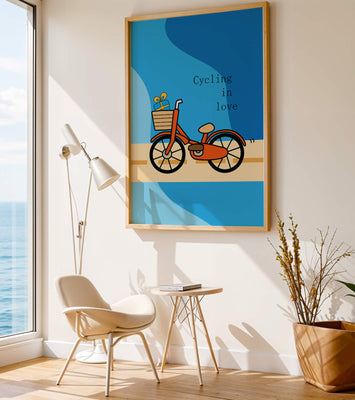 Colorful bicycle with a gift in basket against blue background