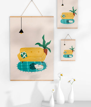 Cozy Living Room with Yellow Sofa and Sleeping Cat