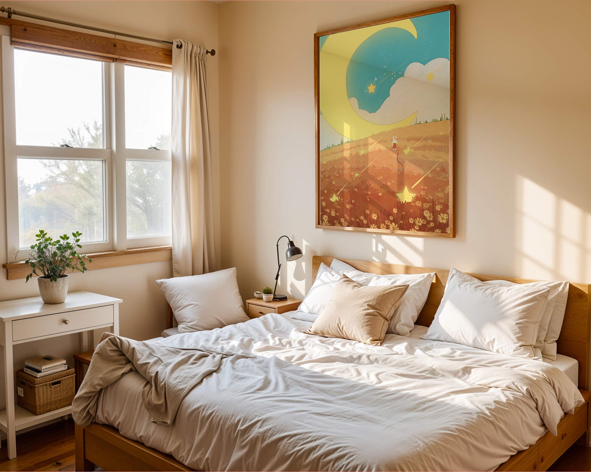 Dreamy Nighttime Landscape with Moon and Stars in a Field