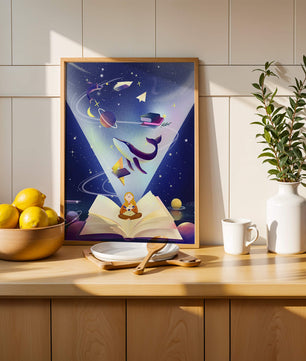 Imaginative galaxy scene with books and a child